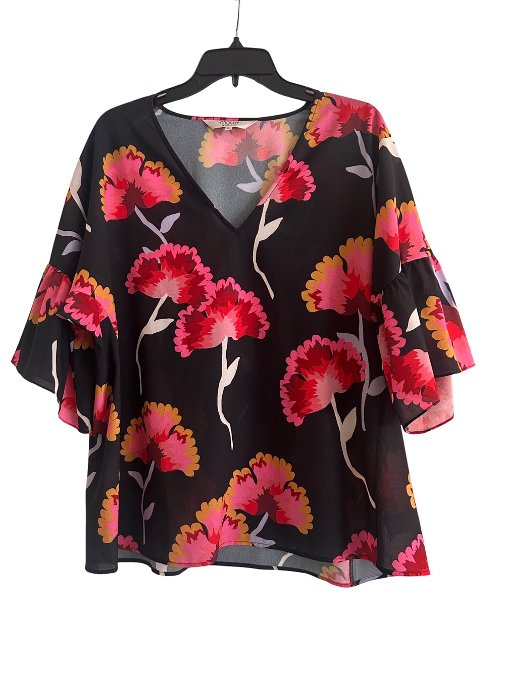Crosby by Mollie Burch Chic V-Neck Black Top with Bold Multicolor Floral Print